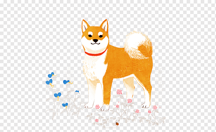 A cheerful orange and white Shiba Inu dog wearing a red collar, standing among blue and pink wildflowers on a transparent background.
