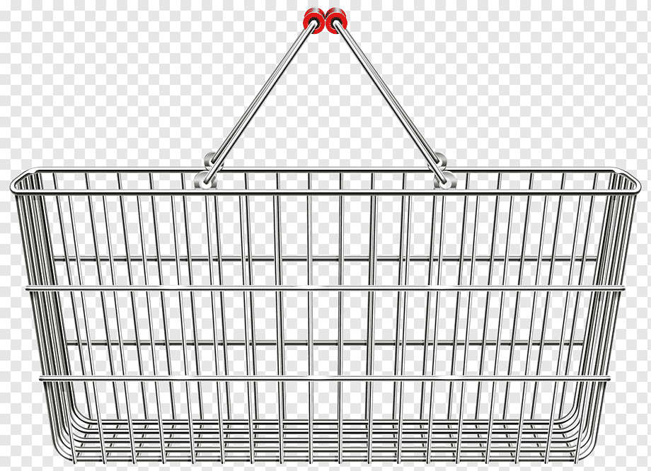 Empty metal shopping basket with red wheels and wire mesh design on transparent background.