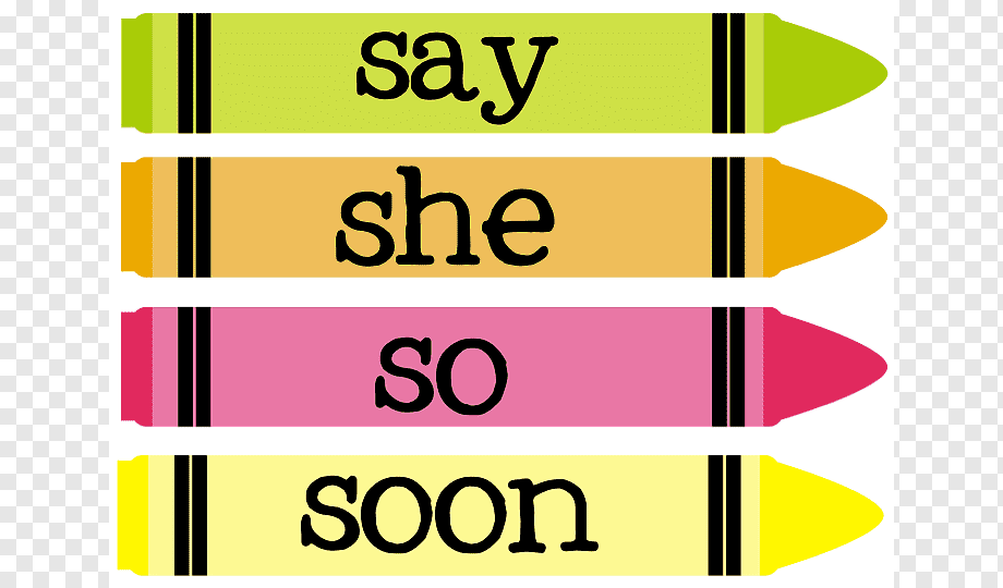 Four colorful crayons labeled "say", "she", "so", and "soon" for early literacy education.