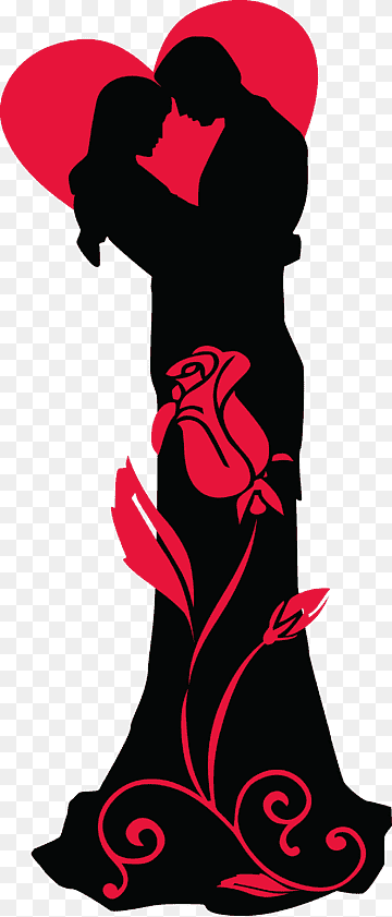 Silhouette of a romantic couple embracing with red heart and rose motifs on black gown.