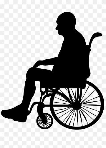 Silhouette of a person in a manual wheelchair, seated in profile view with hands on lap and feet extended.