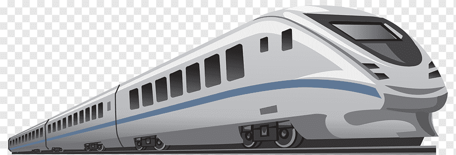 Sleek silver high-speed train with blue stripe, aerodynamic design, and multiple passenger windows on transparent background.