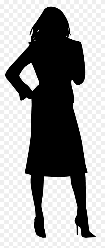 Silhouette of a confident woman in a knee-length dress and high heels, one hand on hip, standing poised.