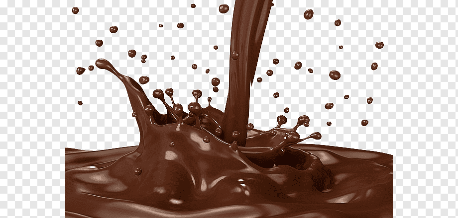 Rich chocolate liquid pouring into a pool, creating dynamic splashes and droplets against a transparent background.