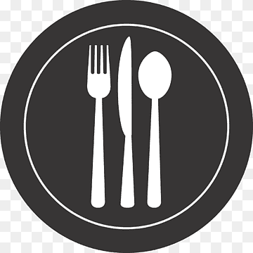 White fork, knife, and spoon arranged on a dark circular plate icon.