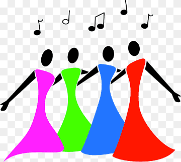 Four stylized women in colorful gowns singing together with musical notes above.