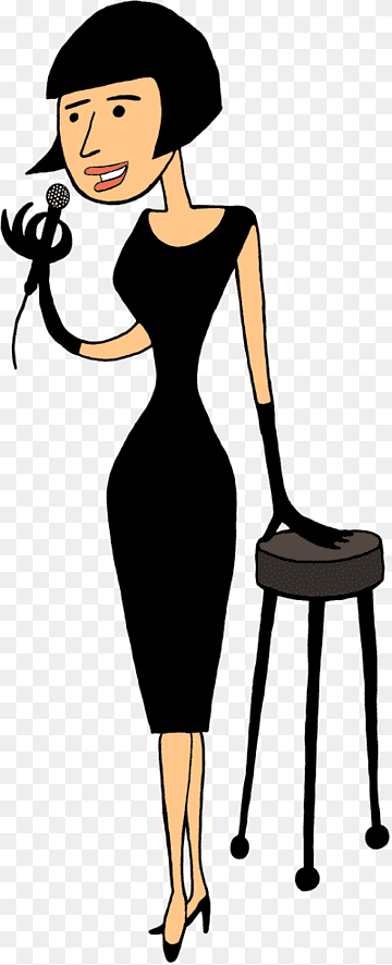 Stylish woman in black dress singing into microphone beside stool, cartoon illustration.