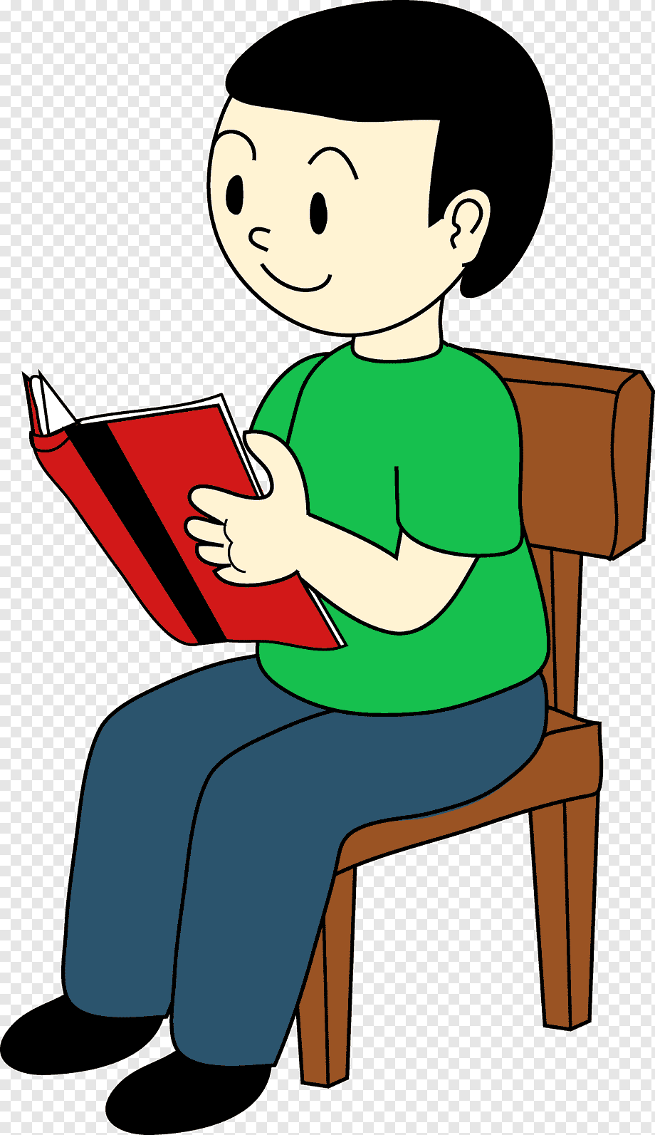 A smiling boy in a green shirt sits on a wooden chair reading a red book.