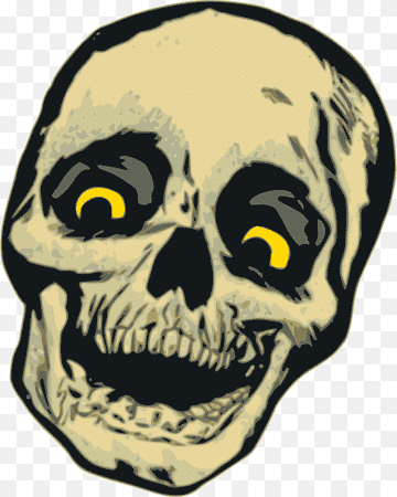 Stylized cartoon skull with glowing yellow eyes and jagged teeth on transparent background.