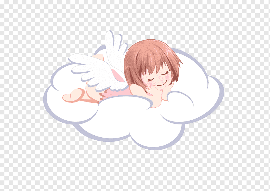 A smiling anime-style girl with short brown hair and white angel wings rests peacefully on a fluffy cloud.
