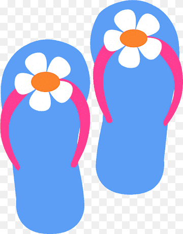 Blue flip-flops with pink straps and white daisy flowers on the thong.