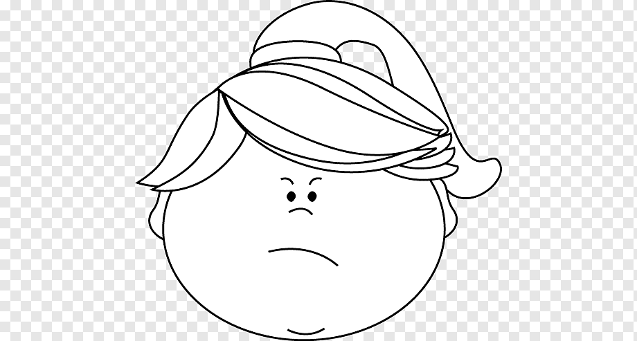 Black-and-white line drawing of a frowning cartoon child with messy hair and an annoyed expression.