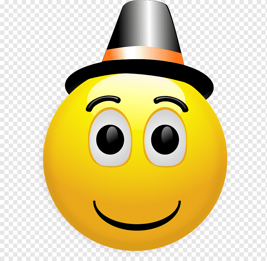 Smiling yellow emoji wearing a black and orange party hat with silver trim.