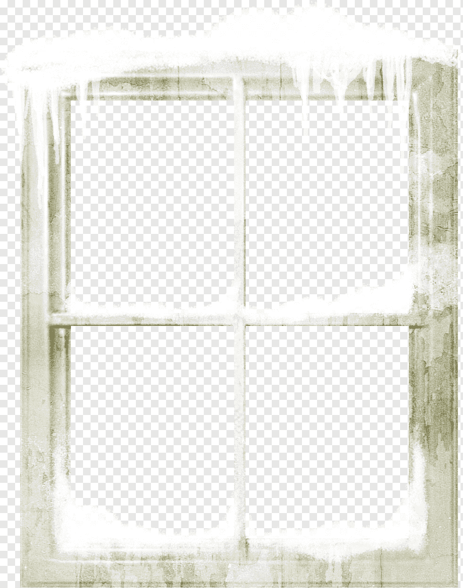 Frost-covered vintage window with icicles and snow, four-pane design on transparent background.