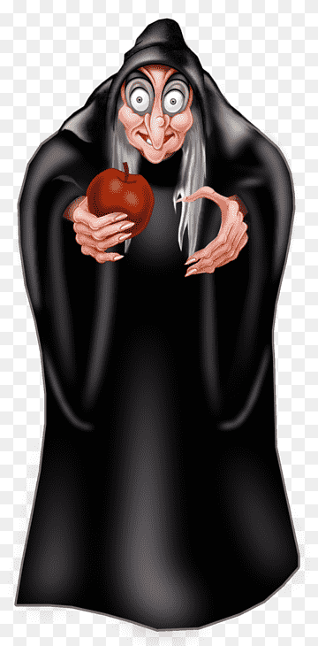 Wicked witch in black hooded cloak holding a red apple with a sinister grin.