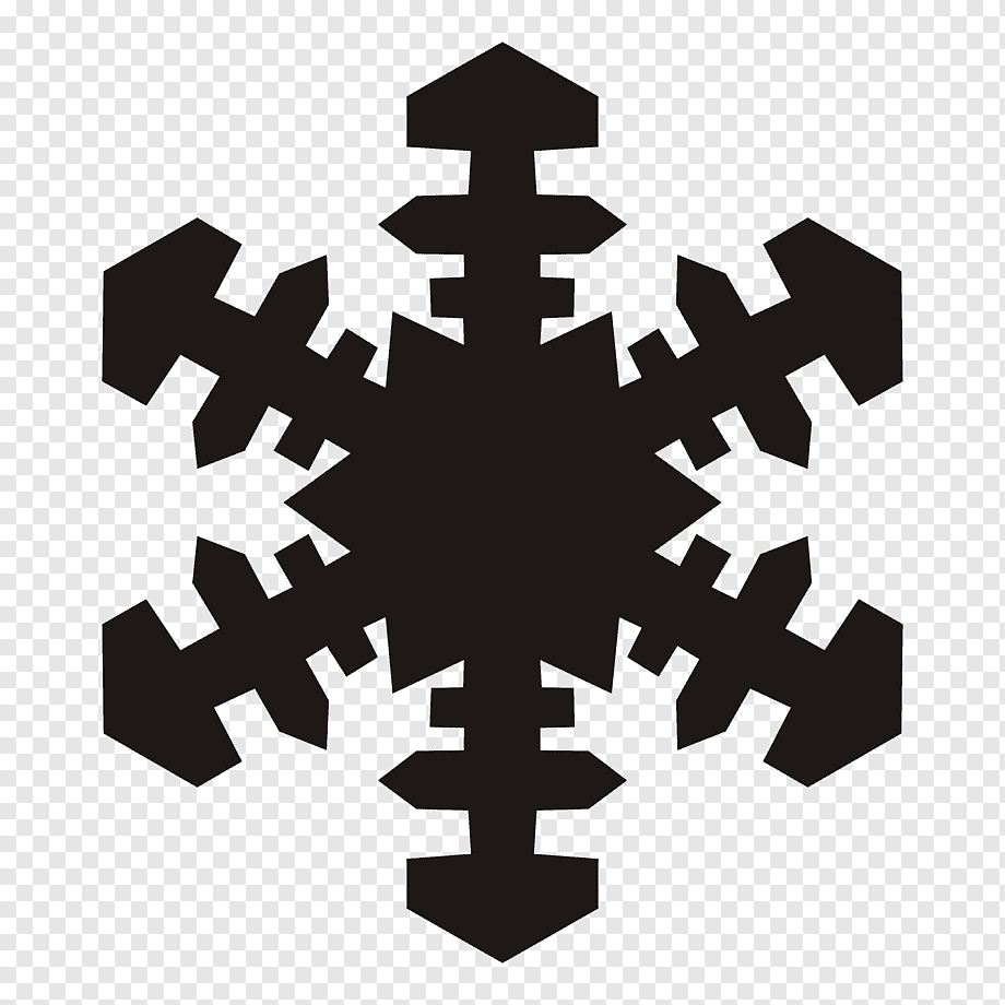 Black stylized snowflake icon on transparent background with six symmetrical arms and geometric cutouts.