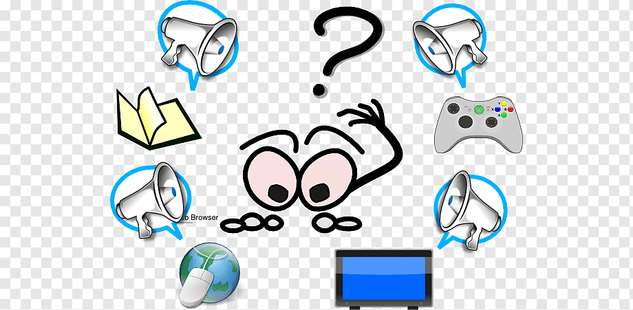 Confused cartoon face surrounded by megaphones, book, game controller, globe with mouse, and monitor-symbolizing digital communication choices.