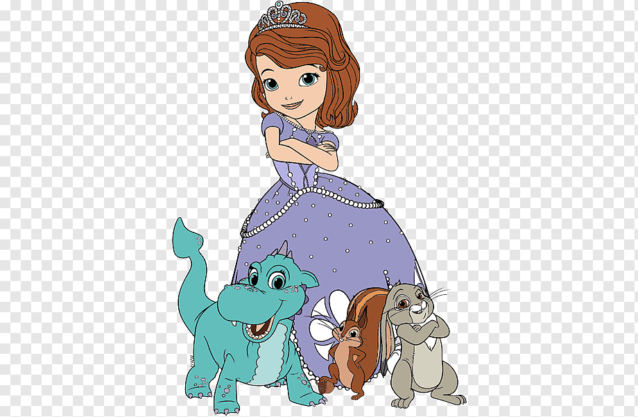 Princess Sofia stands confidently with her friends: a teal dragon, a squirrel, and a rabbit, all smiling in a cheerful cartoon scene.