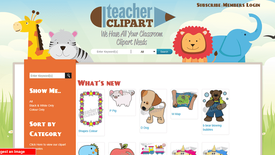 Teacher Clipart homepage featuring cartoon animals and clipart search interface