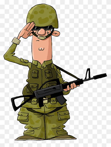 Cartoon soldier in green camouflage uniform saluting while holding an assault rifle.