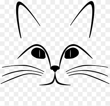 Simple black-and-white line drawing of a cat's face with pointed ears, large eyes, nose, and whiskers on transparent background.