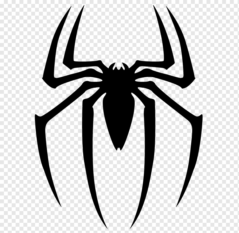 Black stylized spider logo with eight sharp legs, iconic superhero emblem on transparent background.