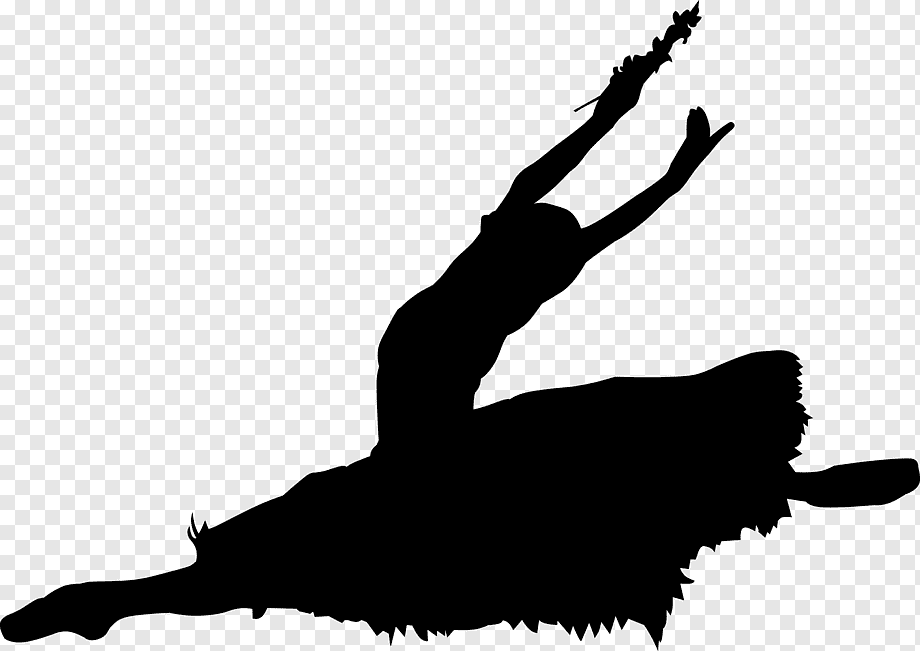 Silhouette of a ballet dancer mid-leap in an elegant arabesque pose, arms extended upward with floral detail.