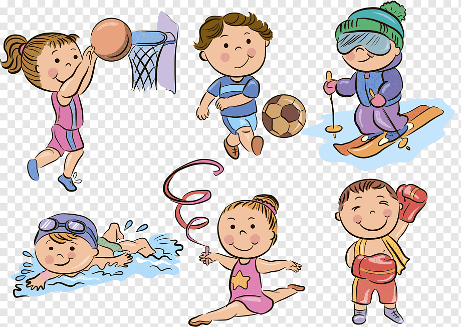 Six cartoon children engaging in diverse sports: basketball, soccer, skiing, swimming, gymnastics, and boxing.