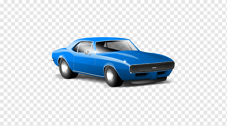 Blue classic muscle car, likely a 1967-1968 Chevrolet Camaro SS, shown in side-front view on transparent background.