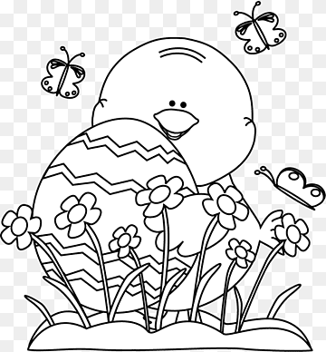 Free Easter Coloring Page - Chick and Egg with Flowers & Butterflies