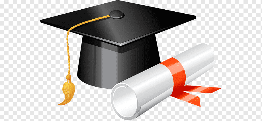 Black graduation cap with gold tassel beside a rolled diploma tied with red ribbon.