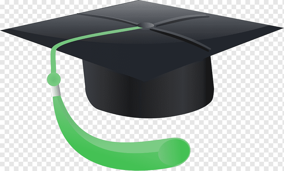 Black graduation cap with green tassel on transparent background