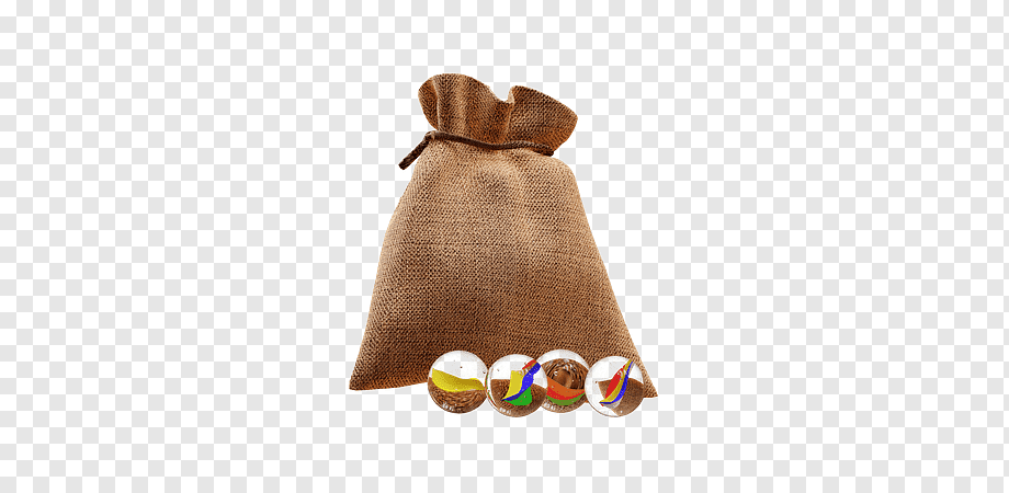 A rustic burlap sack tied at the top with four colorful glass marbles lined up in front.