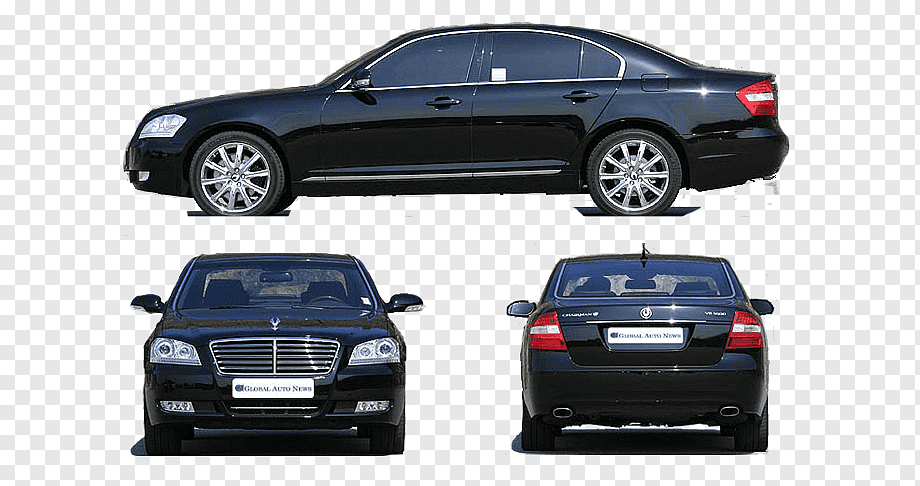 Black luxury sedan shown from side, front, and rear views on transparent background.