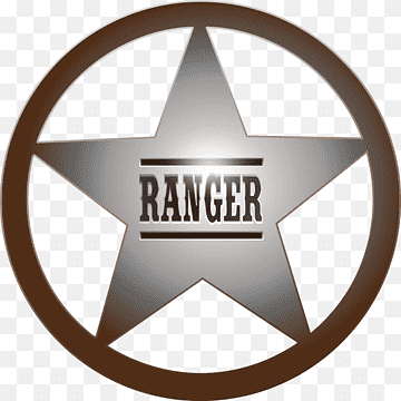 Silver star emblem with "RANGER" text inside a brown circular border, stylized Western badge design.