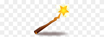 A wooden magic wand with a glowing golden star at the tip, emitting sparkles on a transparent background.
