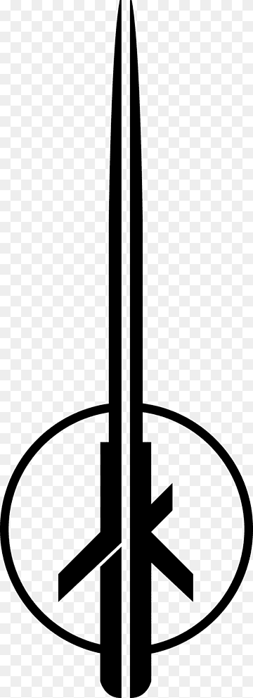Black and white stylized sword piercing a circular emblem with abstract geometric elements inside.