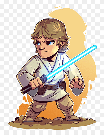 Chibi-style Luke Skywalker wielding a blue lightsaber in Jedi robes, standing ready on a desert-like ground.