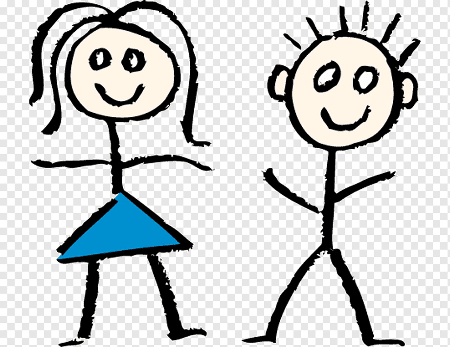 Hand-drawn stick figure girl with blue skirt and boy with spiky hair, both smiling on transparent background.