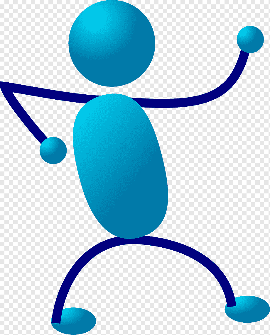 Blue stick figure in dynamic pose with raised arms and bent legs, symbolizing movement or activity.