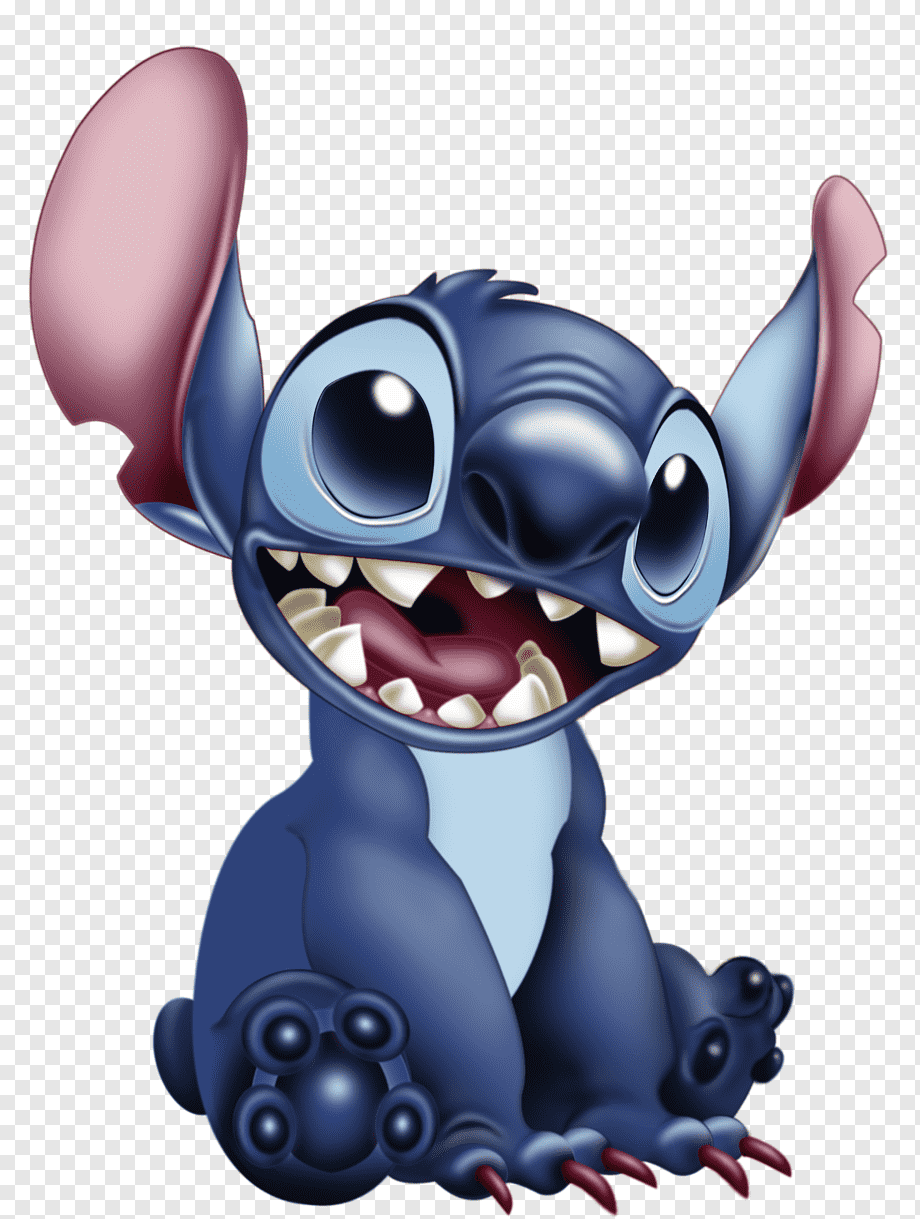 Stitch, the blue Disney alien experiment, sitting with a wide grin and big eyes on a transparent background.