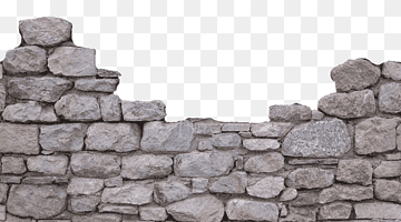 Ruined stone wall with uneven, weathered stones and transparent background for overlay use.