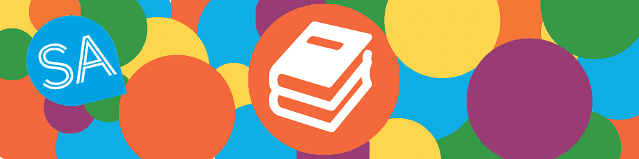 Colorful abstract background with "SA" logo and stacked books icon symbolizing learning or study resources.