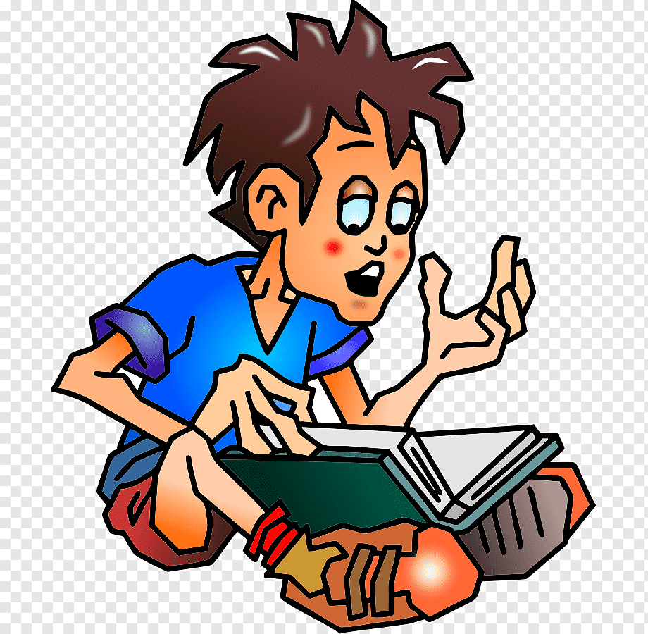 Cartoon boy with spiky hair reading a book, surprised and gesturing animatedly while sitting cross-legged.