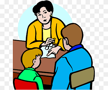 A teacher or counselor discusses a document with two students at a desk in a classroom setting.