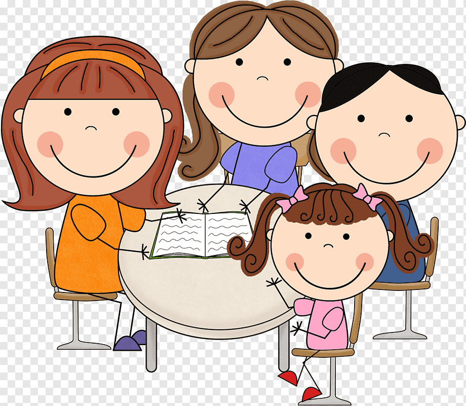 Four smiling children and a teacher gather around a table reading a book together in a classroom setting.