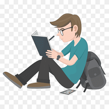 Young man with glasses sitting cross-legged, reading a book with backpack and phone nearby.