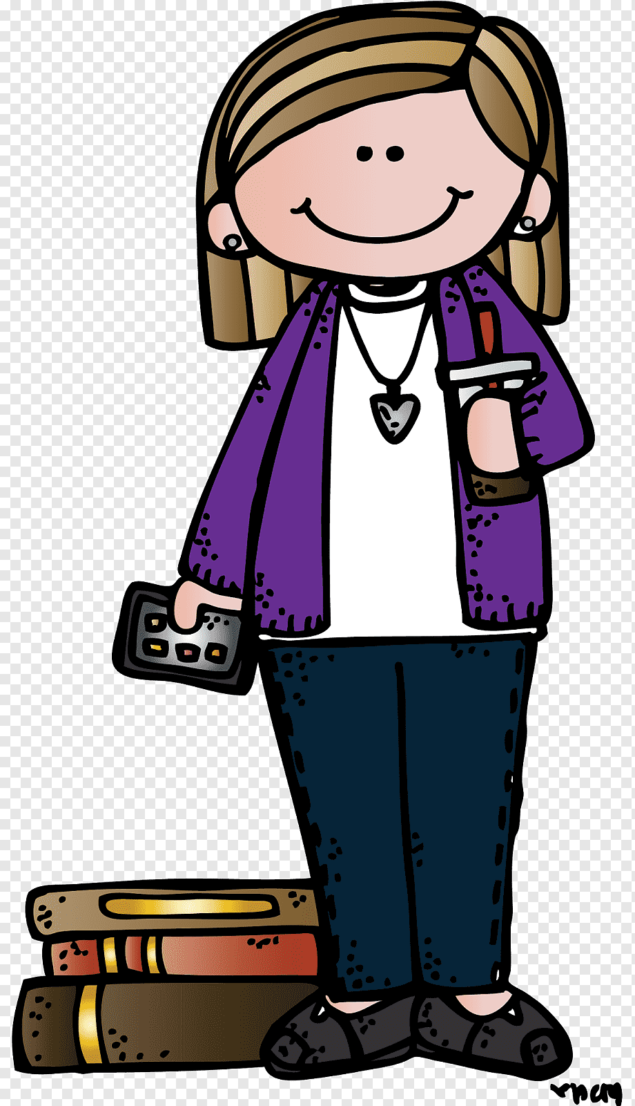 Smiling cartoon girl with blonde hair, purple jacket, holding coffee and remote, standing beside stack of books.