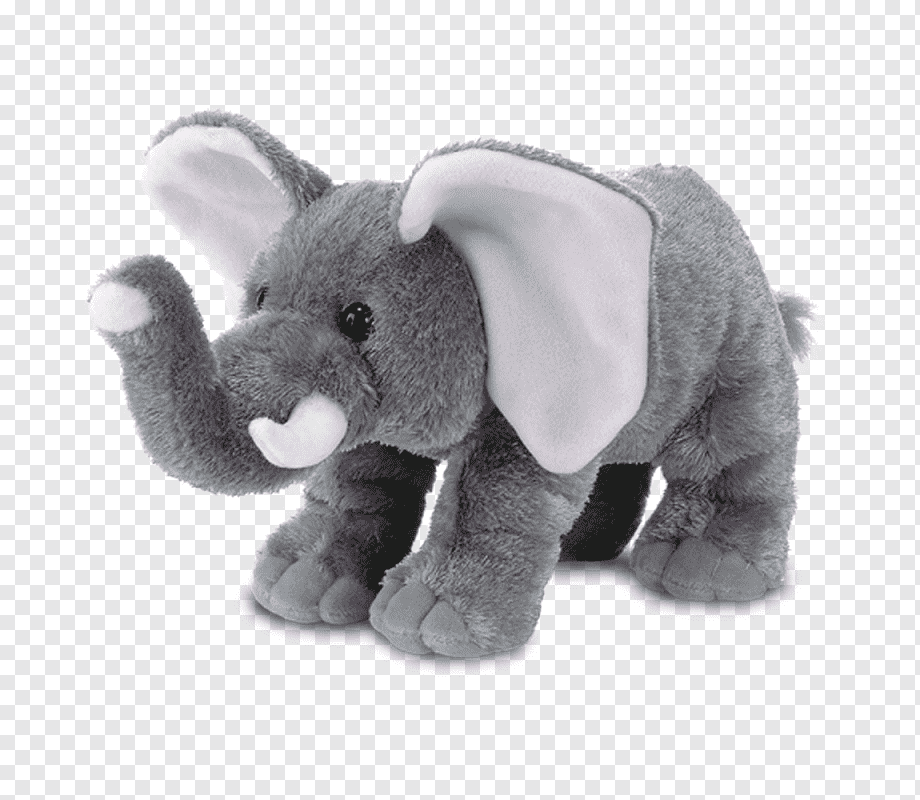 Gray plush elephant toy with large ears, raised trunk, and white tusks on transparent background.