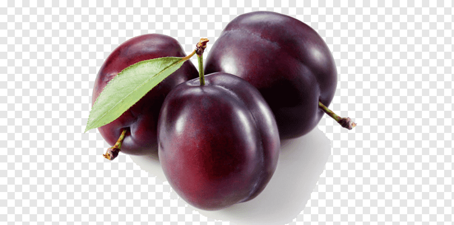 Three ripe, glossy dark purple plums with green leaf and stems on transparent background.